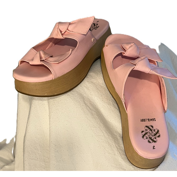 Sam Libby Sandals Womens 7 Pink Slip On Slides Double Bow Platform 2" Heel - Picture 3 of 9